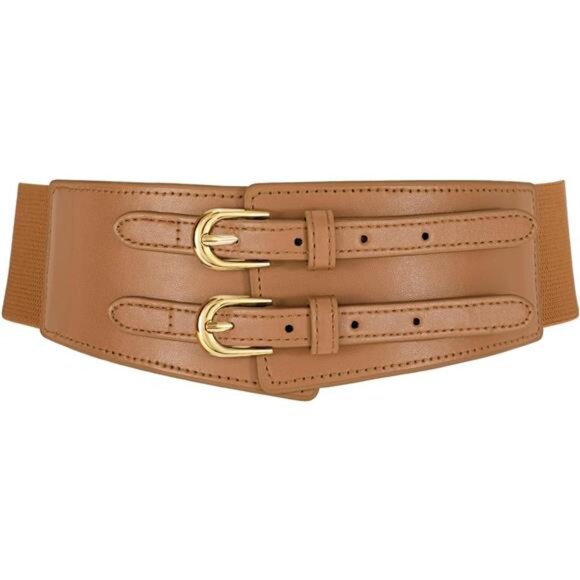 Wide Elastic Leather Belt for Women – Double Gold Buckle Waist Belt - Picture 1 of 1